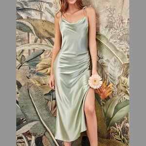 Slip silk style Midi Bridesmaids Dress | tie up loose fit Sage green